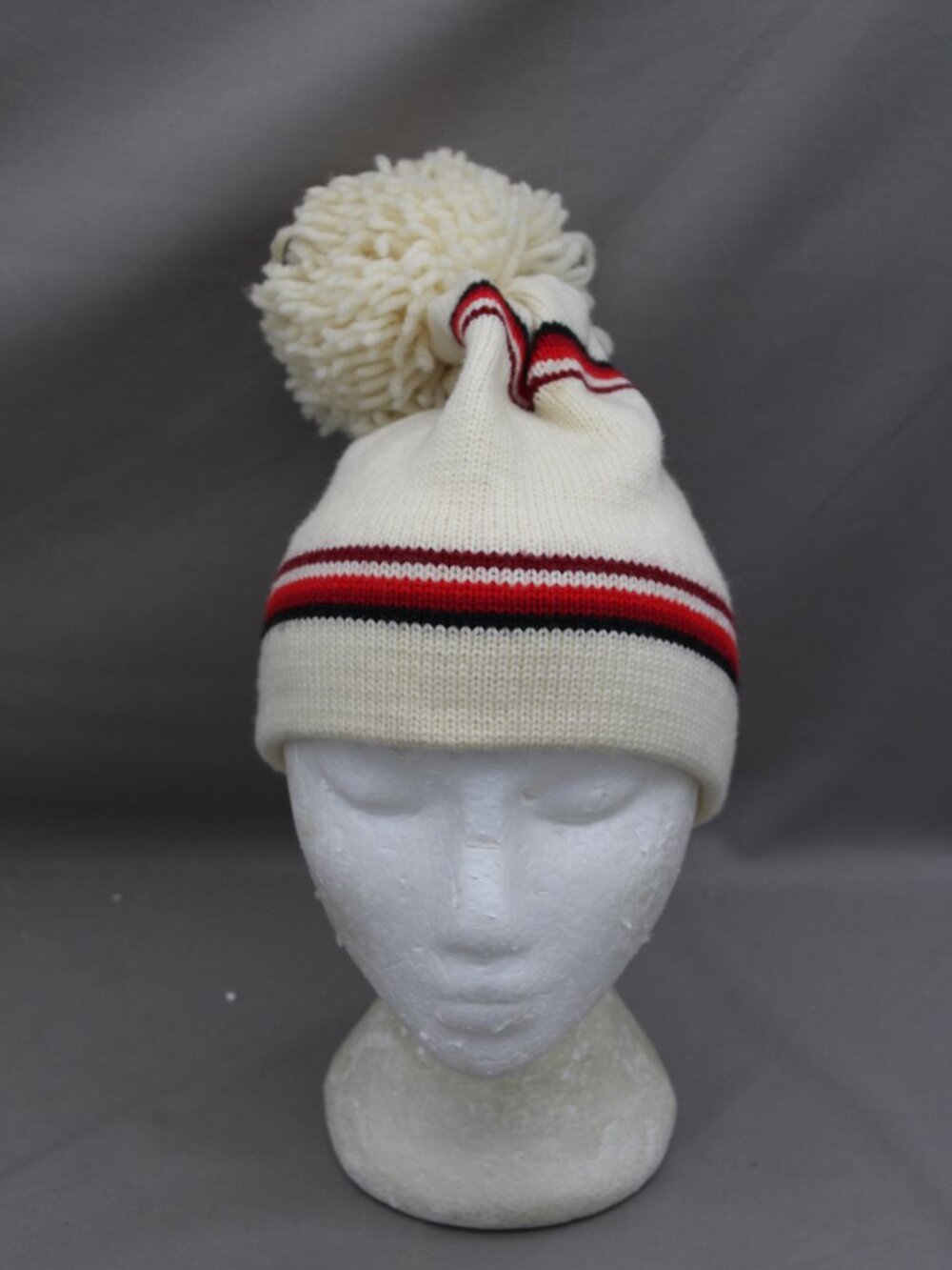 Vintage Wool Toque - White Big Pom Pom - Adult Stretch Fit